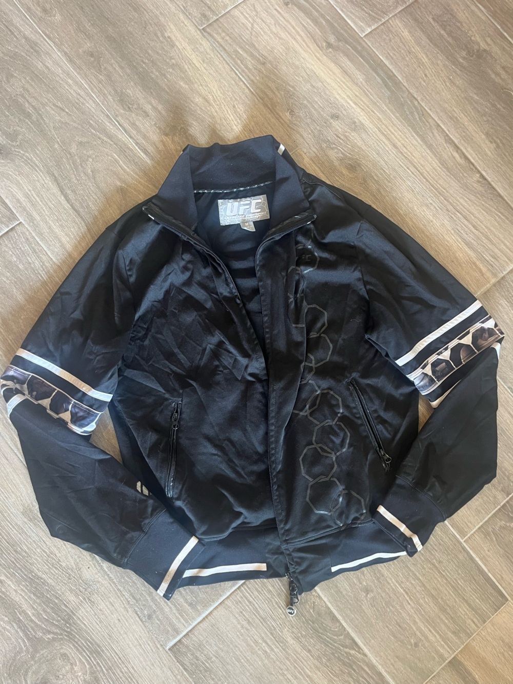UFC Black Women's Bomber Jacket with Hex Print and Stripe Cuffs